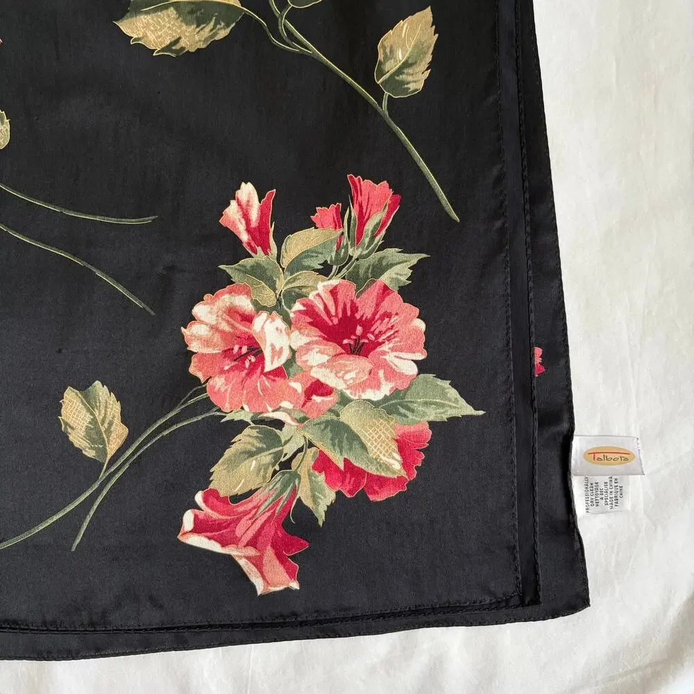 Vintage Talbots 100% Silk Floral Square Scarf Black Pink